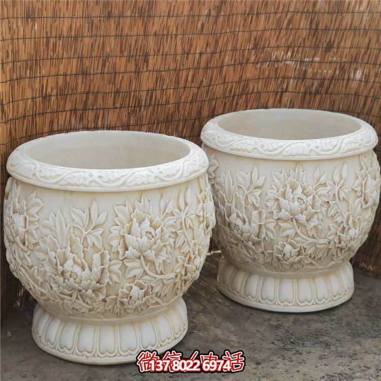 漢白玉浮雕荷花養(yǎng)魚缸，精美庭院裝飾戶外中式花盆