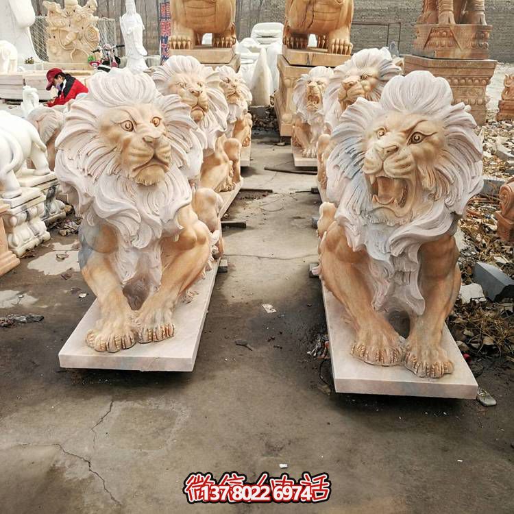 大理石石雕獅子雕塑，點(diǎn)綴晚霞紅園林景觀