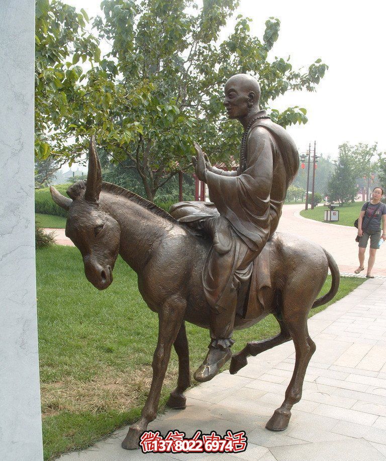 銅雕塑和尚著毛驢騎，精美雕塑，祥和園林