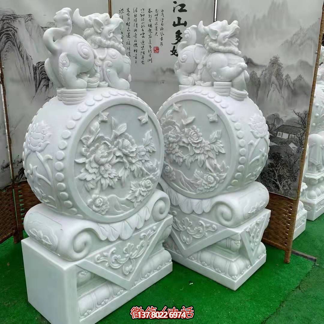天然優(yōu)質(zhì)漢白玉浮雕麒麟抱鼓石，裝點你的庭院門口