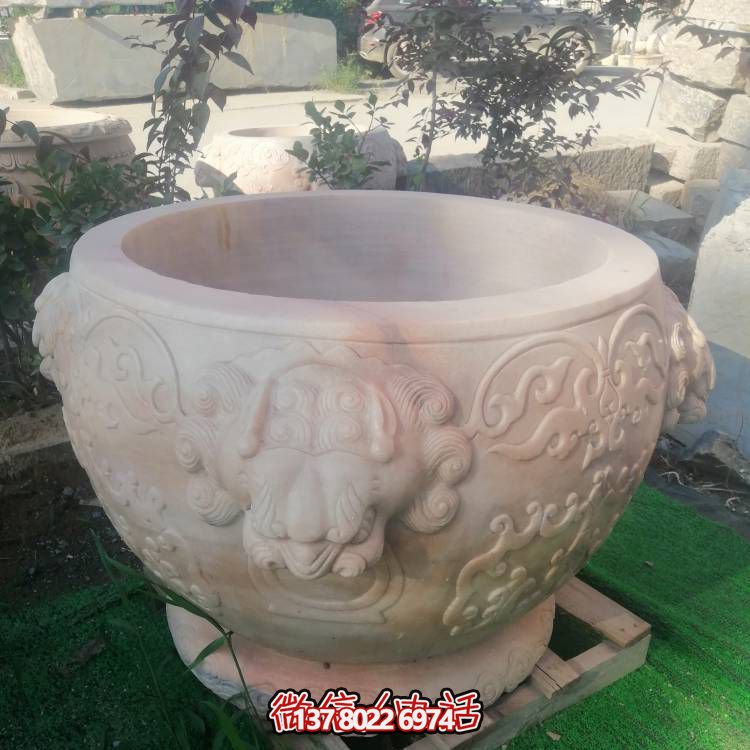 紅晚霞，精美石雕園林?jǐn)[件花盆雕塑