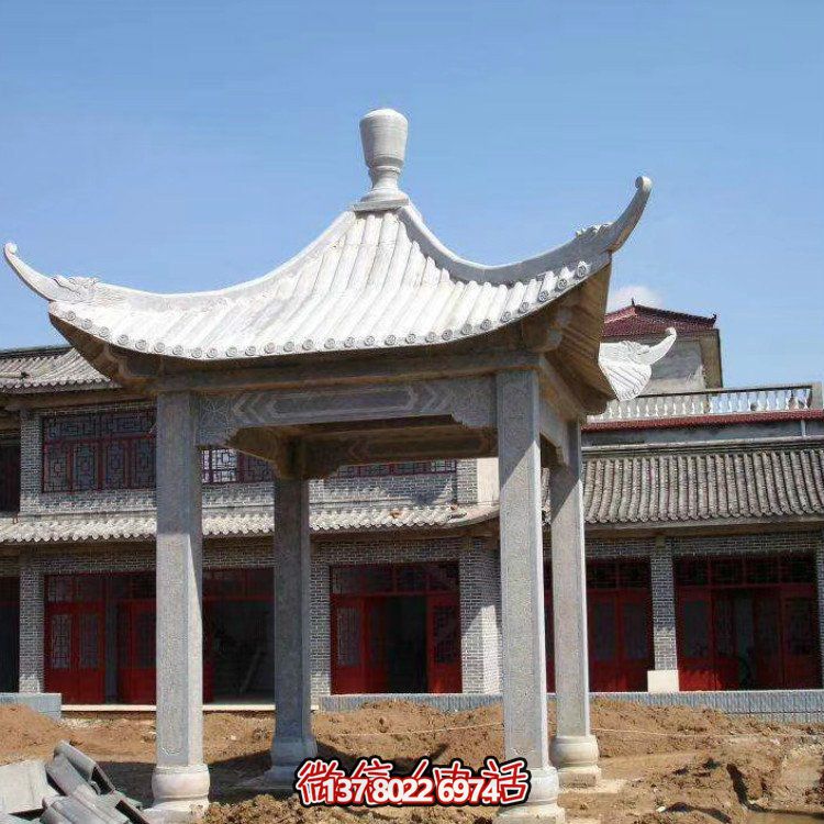 古雅紅晚霞，別墅園林石涼亭石雕長廊