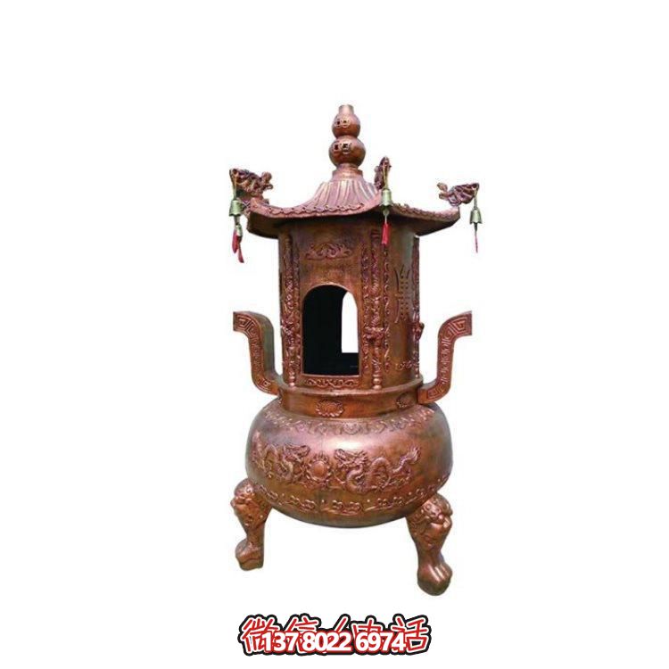 純銅香爐四柱舍利塔，裝飾寺院舍利