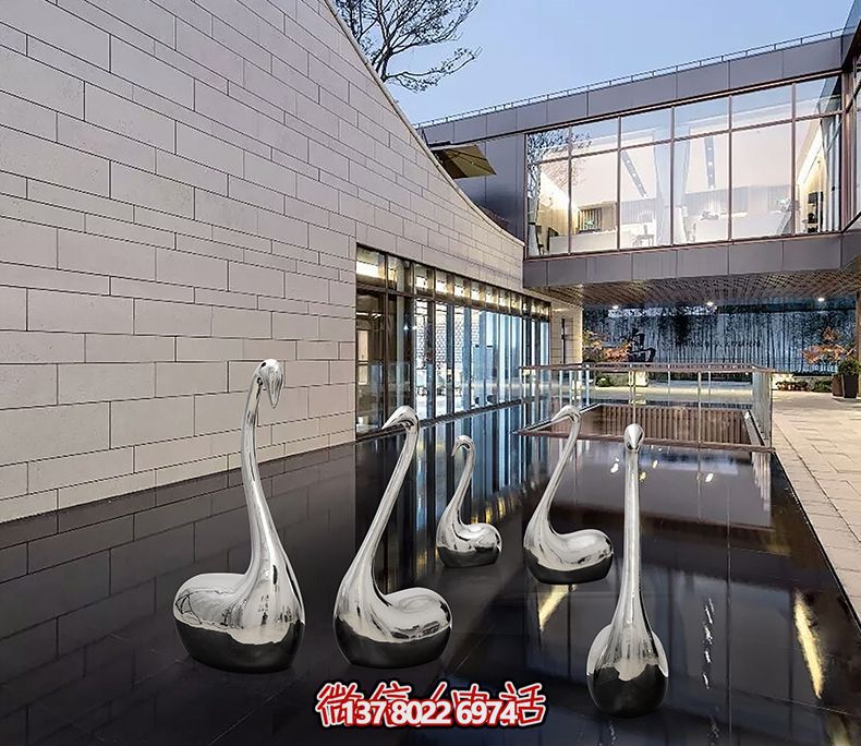 不銹鋼創(chuàng)意天鵝雕塑，鏡面水中裝飾別墅