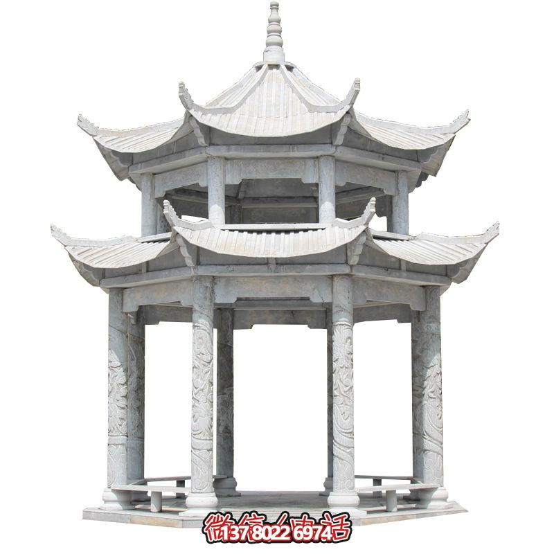 精美大理石雙層柱涼亭，雕塑點(diǎn)綴休息亭