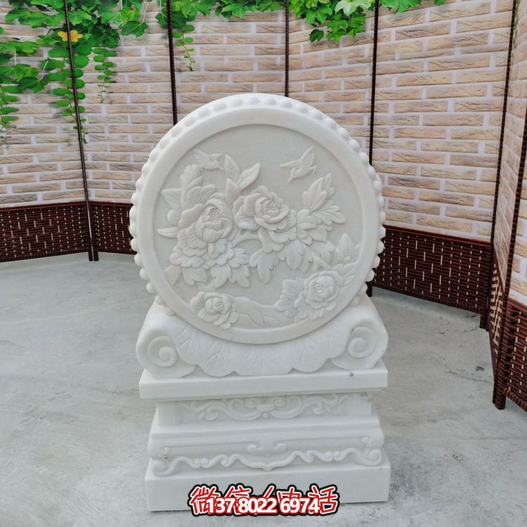 中式風(fēng)格天然漢白玉石雕抱鼓浮雕門墩，花開富貴