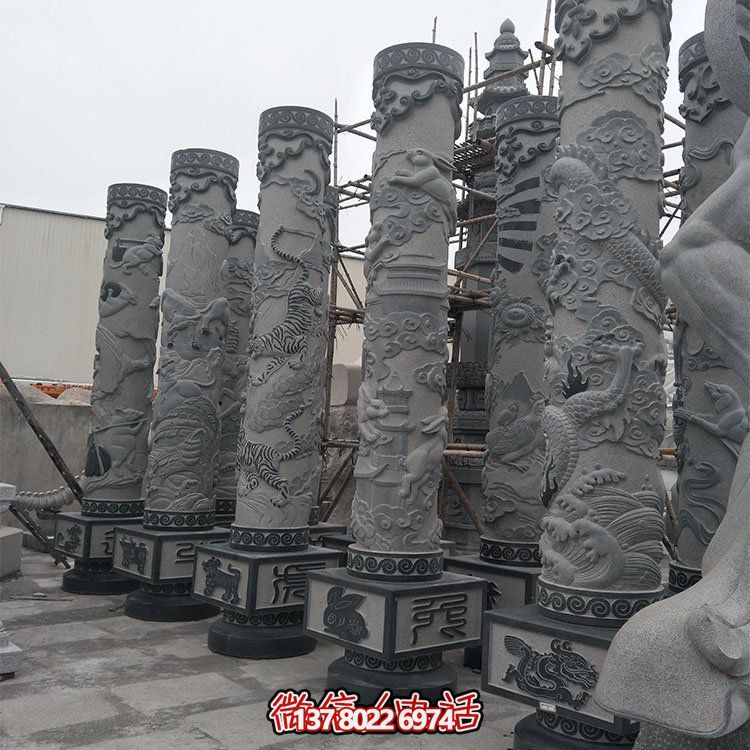 精美石雕十二生肖浮雕，傳承文化，點綴廣場柱子