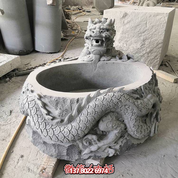仿古石缸水缸青石龍形浮雕雕塑，為您的庭院增添一抹古樸