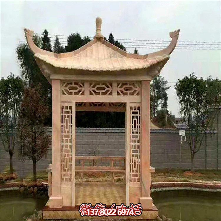 紅石雕鏤涼亭，晚霞中空中創(chuàng)意雕塑