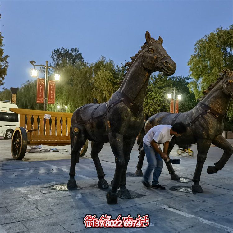 仿古銅中式馬拉車玻璃鋼景觀雕塑，非凡戶外擺放裝飾