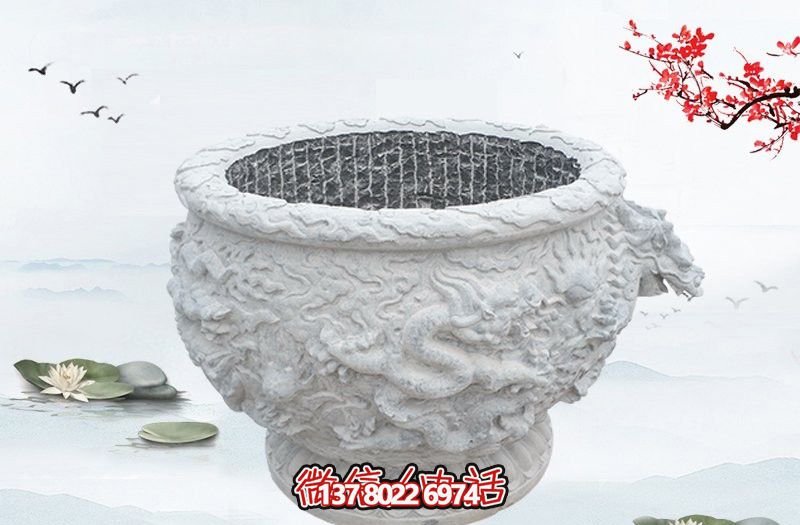 漢白玉石雕龍浮雕水缸雕塑，為庭院增添優(yōu)雅氣息