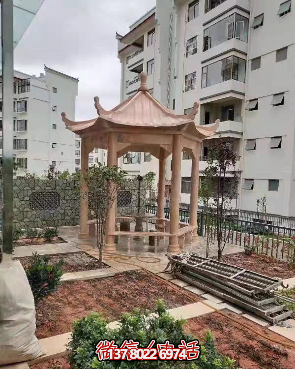 晚霞色石雕大理石涼亭，點(diǎn)綴園林美景