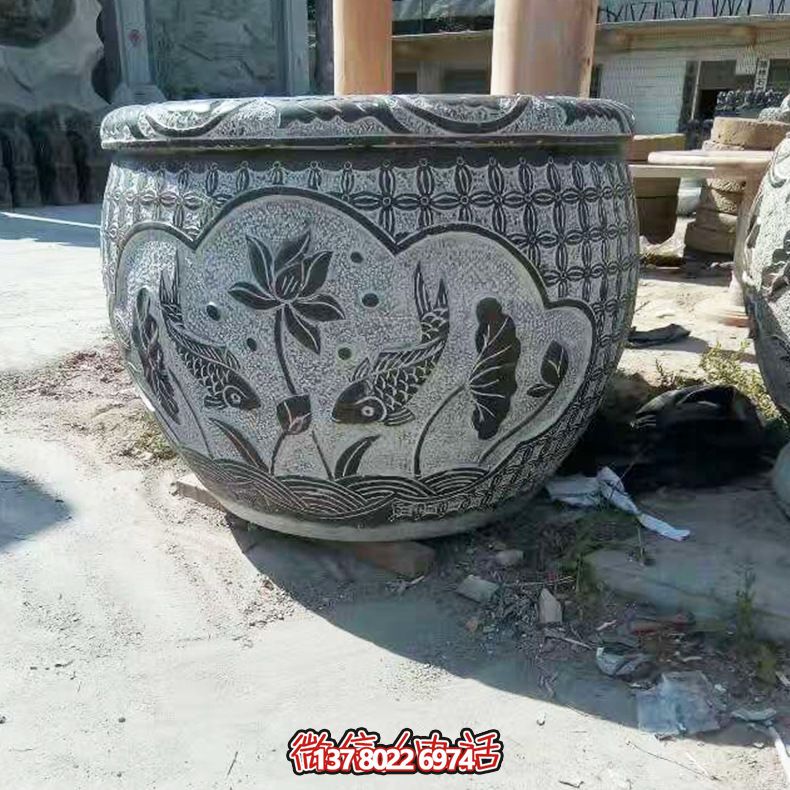 青石雙魚蓮花雕塑，養(yǎng)花缸精美裝飾