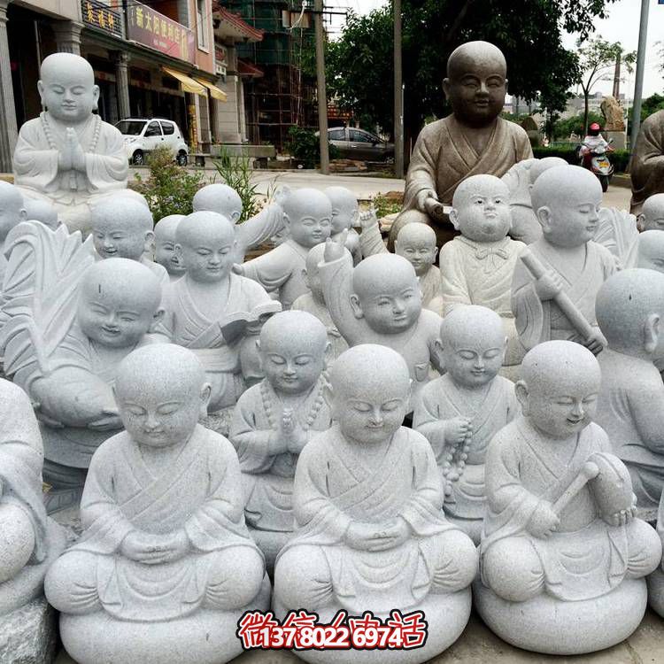 天然砂巖雕刻小沙彌擺件，美麗景致精美寺院家居裝飾