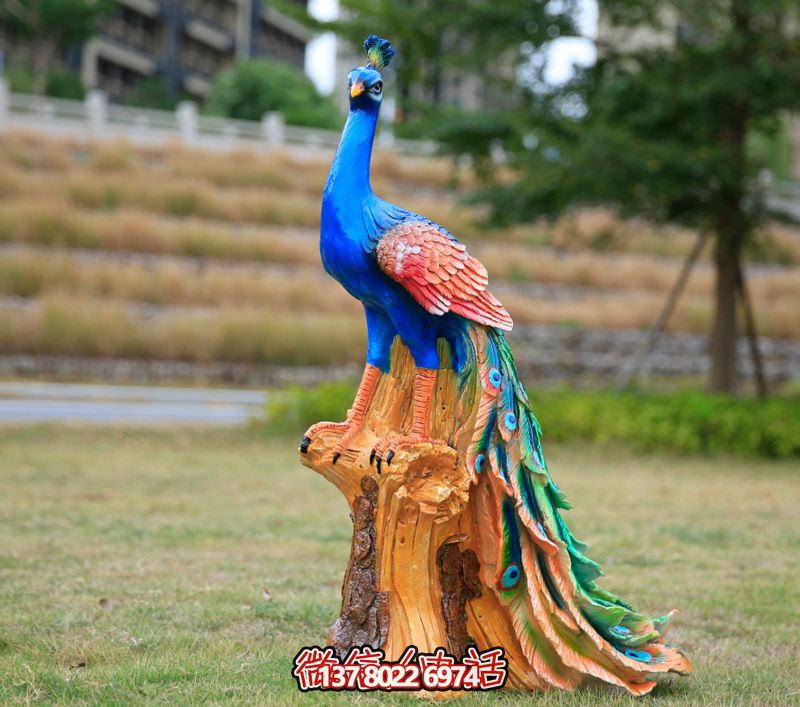 彩繪孔雀玻璃鋼雕塑，為公園街道擺放添彩