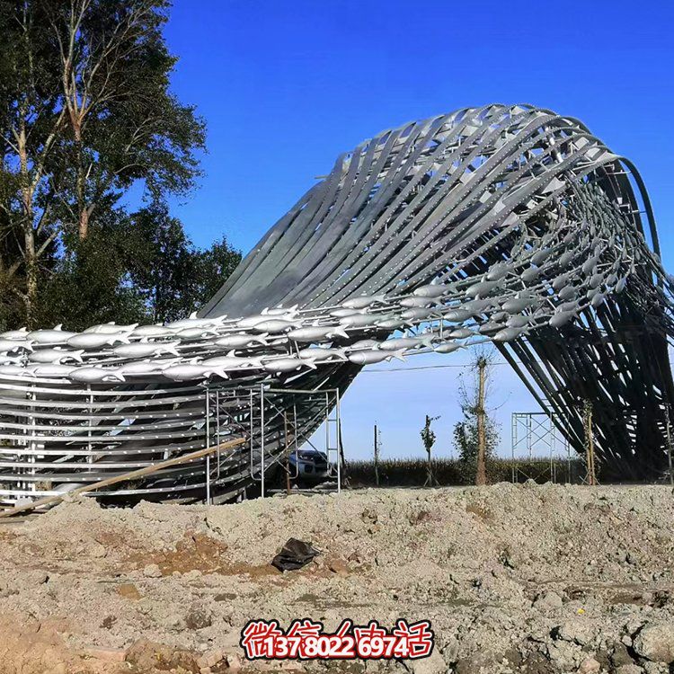 沖浪魚群、水波不銹鋼景觀雕塑