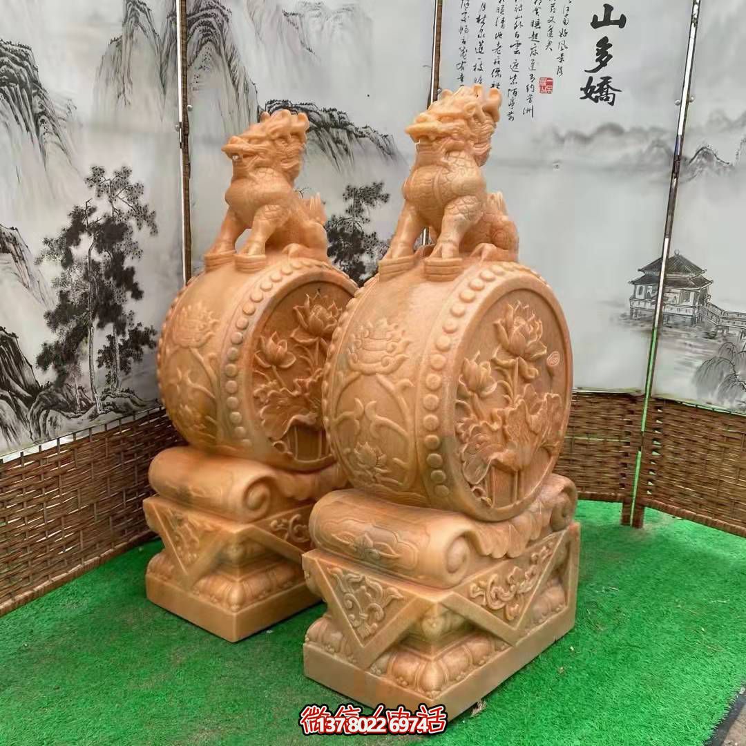 麒麟抱鼓石，晚霞紅荷花門墩