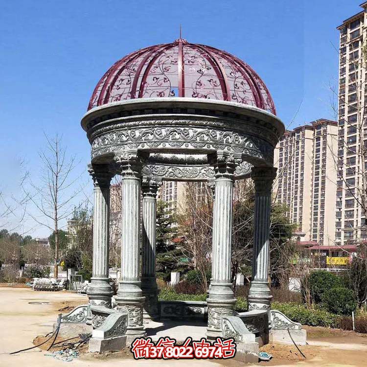 小區(qū)花園擺放青石雕刻鏤空鐵藝圓形歐式涼亭雕塑