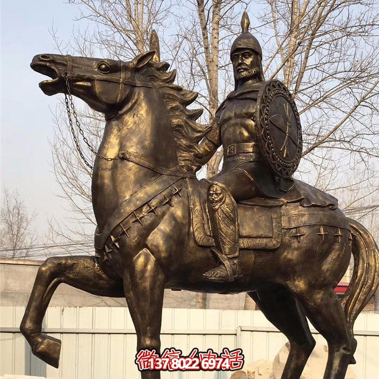 西方古代的騎馬士兵銅雕，手持盾牌騎馬身上的西方戰(zhàn)士