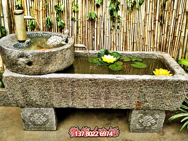 仿古石槽養(yǎng)魚(yú)花盆流水老石槽園林舊石磨盤擺件